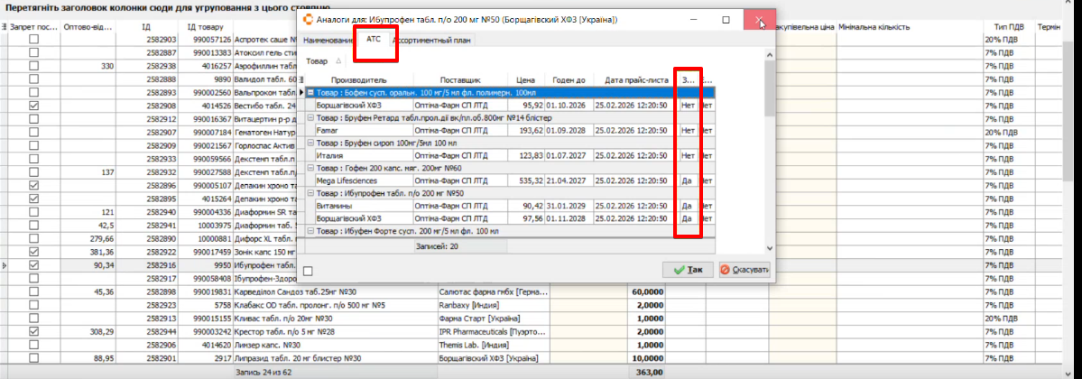 Пошук аналогів — вкладка АТС
